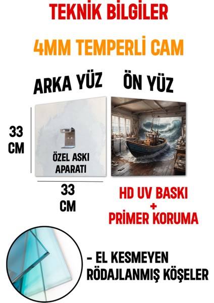 3D Görünümlü Temperli Cam Tablo – Tekne ve Dev Dalga Temalı Uv Baskı 33X33 CM-CTK138