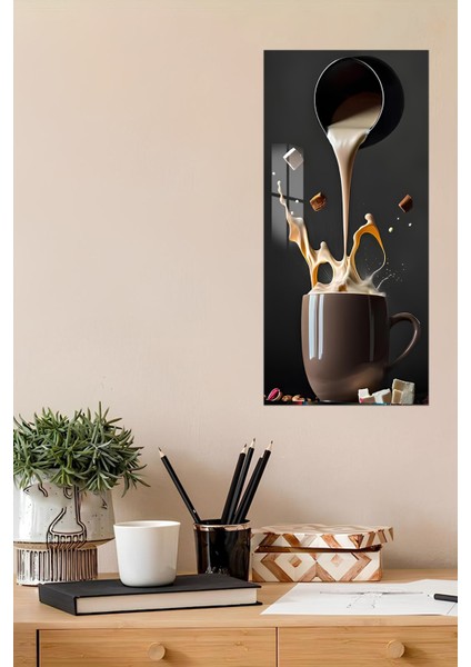 3D Görünümlü Temperli Cam Tablo – Sütlü Kahve Sıçrama Temalı Uv Baskı 30X60 cm - DCT134