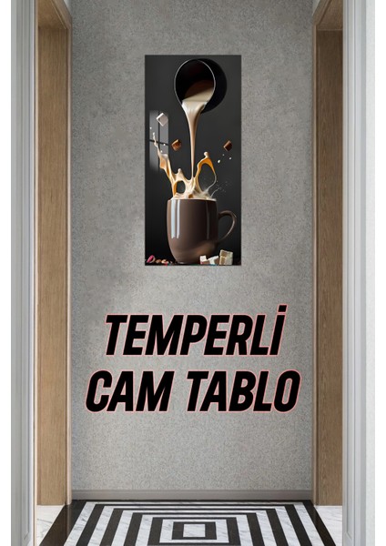 3D Görünümlü Temperli Cam Tablo – Sütlü Kahve Sıçrama Temalı Uv Baskı 30X60 cm - DCT134