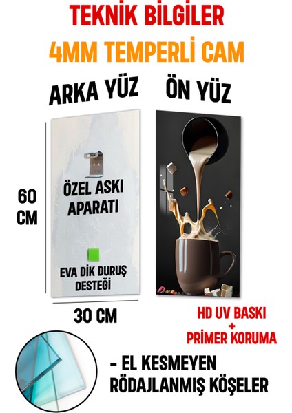 3D Görünümlü Temperli Cam Tablo – Sütlü Kahve Sıçrama Temalı Uv Baskı 30X60 cm - DCT134