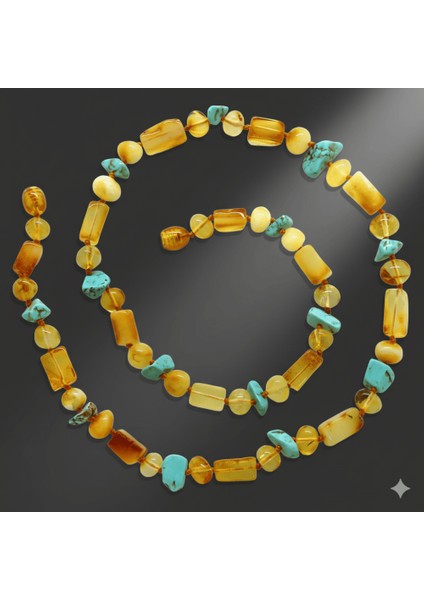 Doğal Form Bal Sarı Renkli Firuze Doğaltaş Süslemeli Hakiki Damla Kehribar Erkek Kolye fırsatları