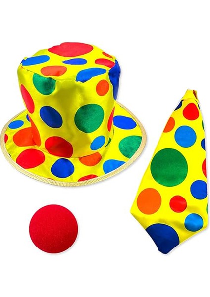 Renkli Palyaço Kostüm Seti – 3 Parça Aksesuar (Şapka, Kravat, Burun)