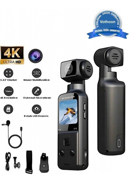 4K Ultra Hd 270° Döndürülebilir Su Geçirmez Wifi Vlog Spor ve Aksiyon Kamerası