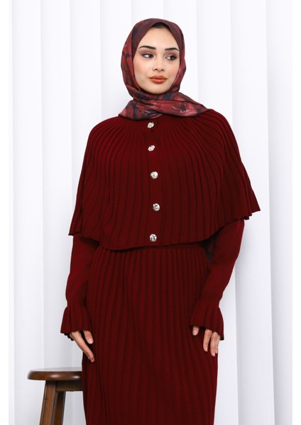 Bordo Pelerin Detaylı Uzun Triko Elbise fiyatları