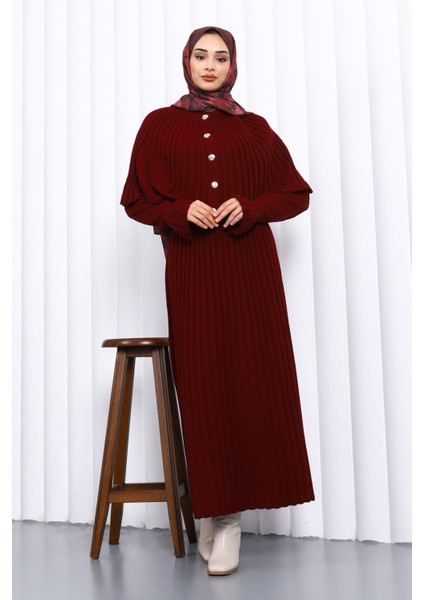 Bordo Pelerin Detaylı Uzun Triko Elbise modelleri