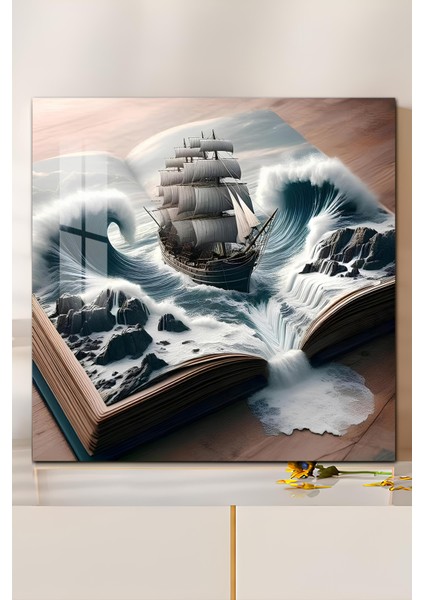 3D Görünümlü Temperli Cam Tablo–açık Kitaptan Çıkan Fırtına Gemisi Temalı Uv Baskı 33X33 CM-CTK130