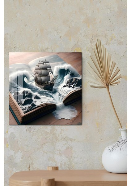 3D Görünümlü Temperli Cam Tablo–açık Kitaptan Çıkan Fırtına Gemisi Temalı Uv Baskı 33X33 CM-CTK130 modelleri