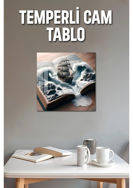 3D Görünümlü Temperli Cam Tablo–açık Kitaptan Çıkan Fırtına Gemisi Temalı Uv Baskı 33X33 CM-CTK130