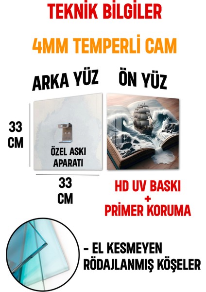 3D Görünümlü Temperli Cam Tablo–açık Kitaptan Çıkan Fırtına Gemisi Temalı Uv Baskı 33X33 CM-CTK130