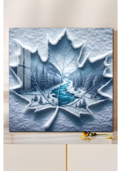 3D Görünümlü Temperli Cam Tablo – Kış Temalı Kar Yaprağı Manzara Uv Baskı 33X33 CM-CTK121