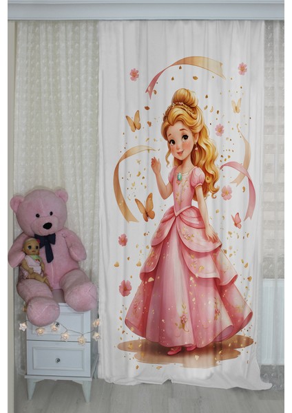 Pembe Prenses Kelebekli Çift Kanatlı Çocuk Odası Perdesi