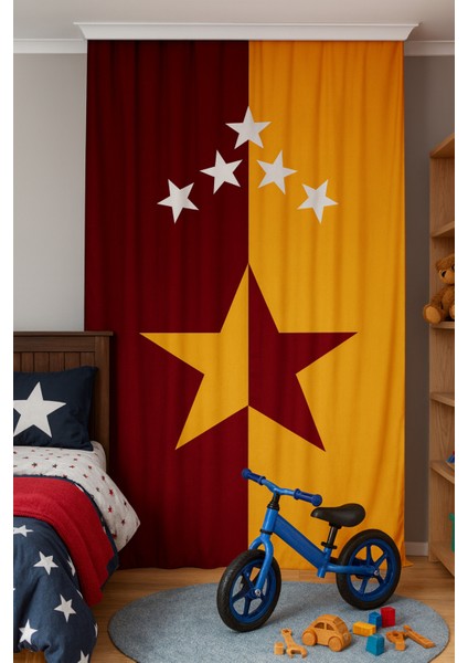 Sarı Kırmızı Taraftar Çift Kanatlı Çocuk Odası Fon Perde fiyatları