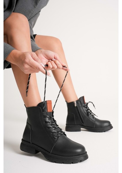 Kadın Hakiki Deri Fermuarlı Bağcıklı Günlük Bot - Siyah