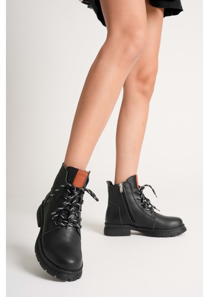 Kadın Hakiki Deri Fermuarlı Bağcıklı Günlük Bot - Siyah fiyatları