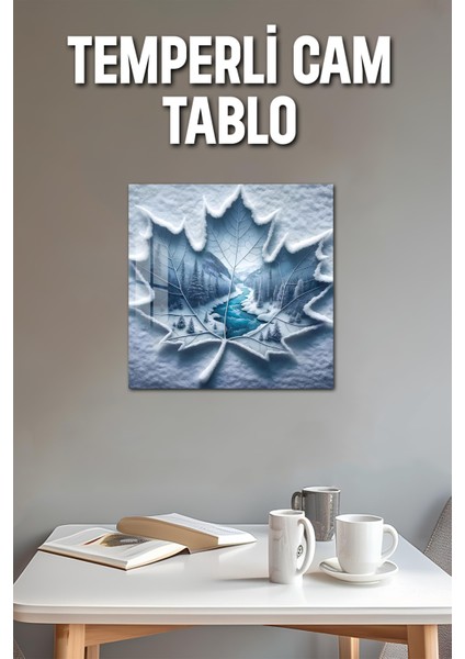 3D Görünümlü Temperli Cam Tablo – Kış Temalı Kar Yaprağı Manzara Uv Baskı 33X33 CM-CTK121