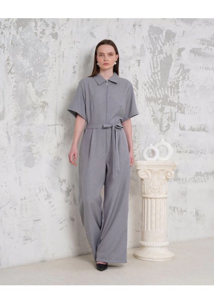 Lvsqvr Kuşaklı Gömlek Yaka Salaş Tulum Gri S255822 (Beden: S)