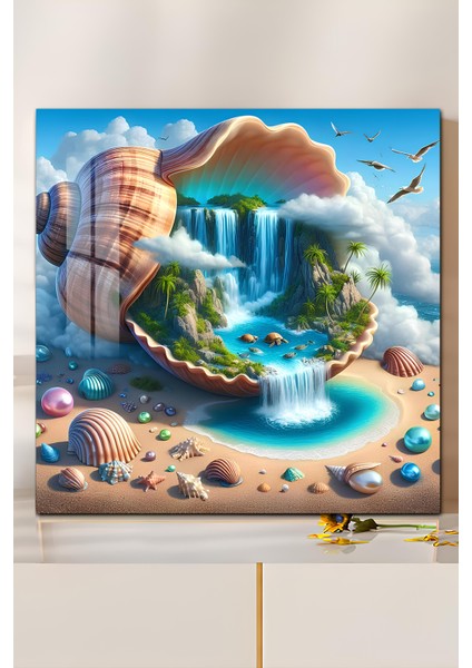 3D Görünümlü Temperli Cam Tablo – Deniz Kabuğu ve Şelale Temalı Uv Baskı 33X33 CM-CTK143