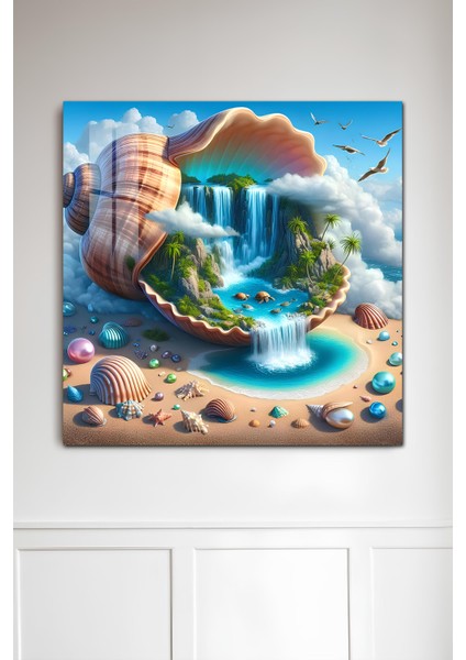 3D Görünümlü Temperli Cam Tablo – Deniz Kabuğu ve Şelale Temalı Uv Baskı 33X33 CM-CTK143 fiyatları