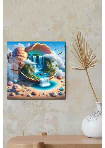 3D Görünümlü Temperli Cam Tablo – Deniz Kabuğu ve Şelale Temalı Uv Baskı 33X33 CM-CTK143 modelleri