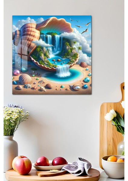 3D Görünümlü Temperli Cam Tablo – Deniz Kabuğu ve Şelale Temalı Uv Baskı 33X33 CM-CTK143 fırsatları
