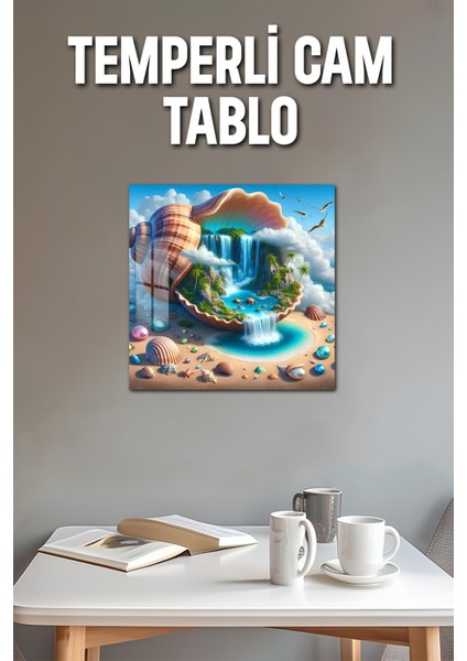 3D Görünümlü Temperli Cam Tablo – Deniz Kabuğu ve Şelale Temalı Uv Baskı 33X33 CM-CTK143