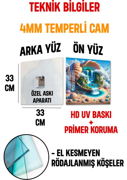 3D Görünümlü Temperli Cam Tablo – Deniz Kabuğu ve Şelale Temalı Uv Baskı 33X33 CM-CTK143