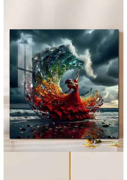 3D Görünümlü Temperli Cam Tablo – Renk Dalgasında Dans Eden Kadın Uv Baskı 33X33 CM-CTK149