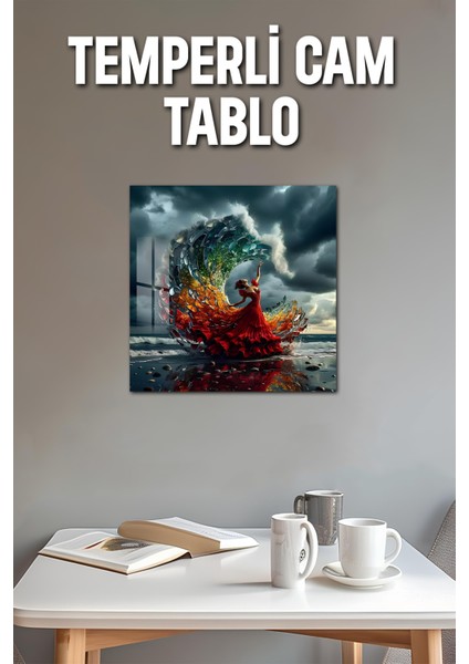 3D Görünümlü Temperli Cam Tablo – Renk Dalgasında Dans Eden Kadın Uv Baskı 33X33 CM-CTK149