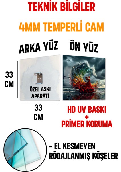 3D Görünümlü Temperli Cam Tablo – Renk Dalgasında Dans Eden Kadın Uv Baskı 33X33 CM-CTK149