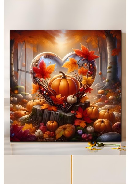 3D Görünümlü Temperli Cam Tablo – Sonbahar Kalp ve Balkabağı Temalı Uv Baskı 33X33 CM-CTK109