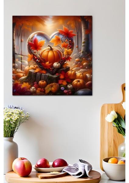 3D Görünümlü Temperli Cam Tablo – Sonbahar Kalp ve Balkabağı Temalı Uv Baskı 33X33 CM-CTK109 modelleri
