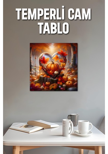 3D Görünümlü Temperli Cam Tablo – Sonbahar Kalp ve Balkabağı Temalı Uv Baskı 33X33 CM-CTK109