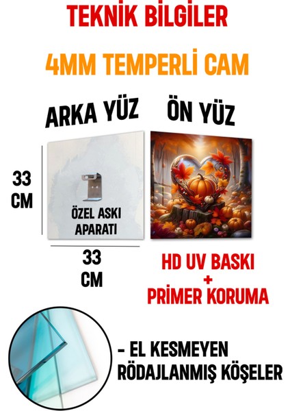 3D Görünümlü Temperli Cam Tablo – Sonbahar Kalp ve Balkabağı Temalı Uv Baskı 33X33 CM-CTK109