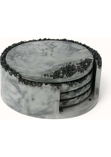 Gri Mermer Desenli Siyah Kristal Taşlı Beton Bardak Altlığı Seti (4’lü – Standlı) fiyatları