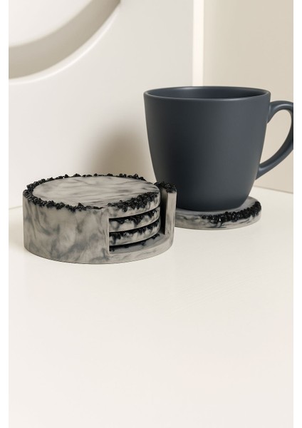 Gri Mermer Desenli Siyah Kristal Taşlı Beton Bardak Altlığı Seti (4’lü – Standlı) modelleri