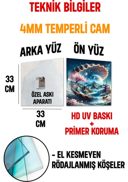 3D Görünümlü Temperli Cam Tablo – Zen Manzara ve Istiridye Şelale Temalı Uv Baskı 33X33 CM-CTK102