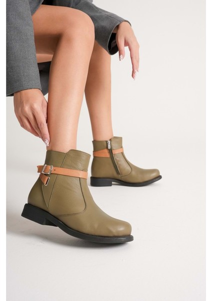 Kadın Hakiki Deri Kemerli Günlük Bot - Yeşil