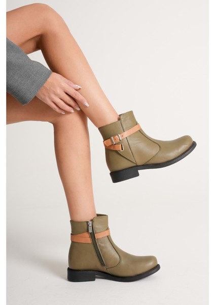 Kadın Hakiki Deri Kemerli Günlük Bot - Yeşil fiyatları