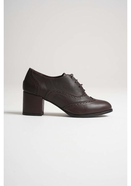 Kadın Hakiki Deri Lazer Detaylı Şık Topuklu Ayakkabı - Kahve modelleri