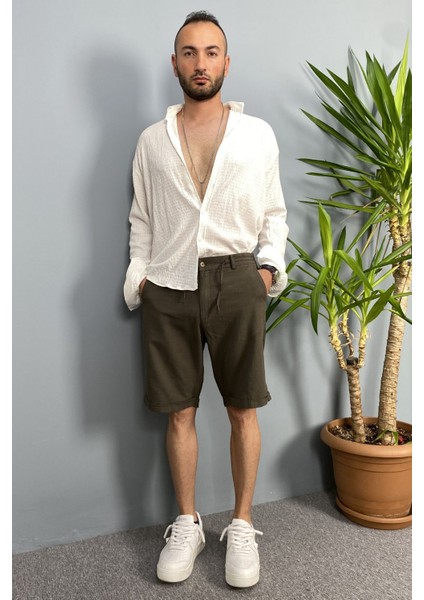 Beli Lastikli ve Bağcıklı Haki Keten Şort fiyatları