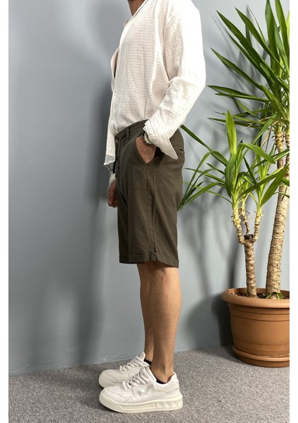 Beli Lastikli ve Bağcıklı Haki Keten Şort modelleri