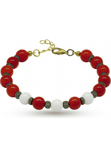 Gold Renk Metal Zincirli Küre Kesim Kırmızı Beyaz Jade Akik Hematit Doğaltaş Kadın Taraftar Bileklik