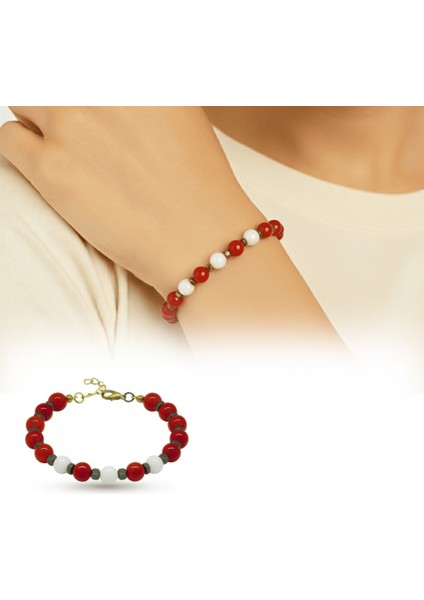Gold Renk Metal Zincirli Küre Kesim Kırmızı Beyaz Jade Akik Hematit Doğaltaş Kadın Taraftar Bileklik fiyatları