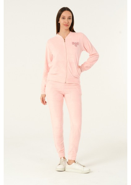 Fermuarlı Taş Detaylı Uzun Kollu Cepli Slim Fit Soft Polar Eşofman Takımı