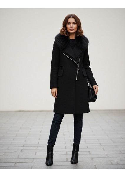 Kadın Kaşe Kışlık Kürklü Siyah Kaban fiyatları