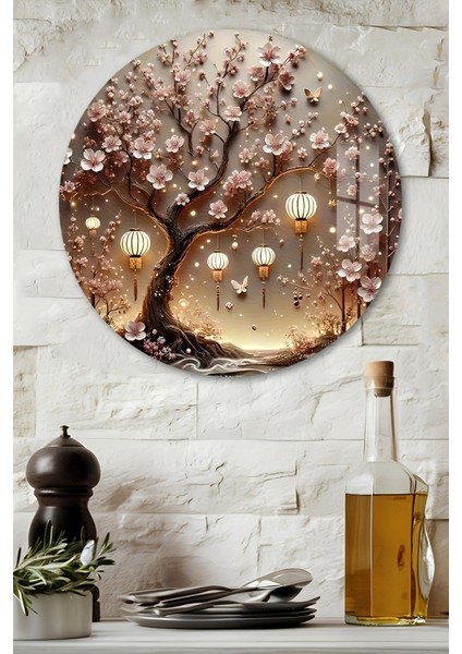 3D Görünümlü Temperli Cam Tablo – Fenerli Sakura Ağacı Temalı Duvar Süsü Uv Baskı 33X33 CM-CDS148