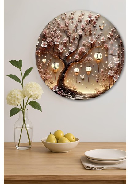 3D Görünümlü Temperli Cam Tablo – Fenerli Sakura Ağacı Temalı Duvar Süsü Uv Baskı 33X33 CM-CDS148 indirimleri