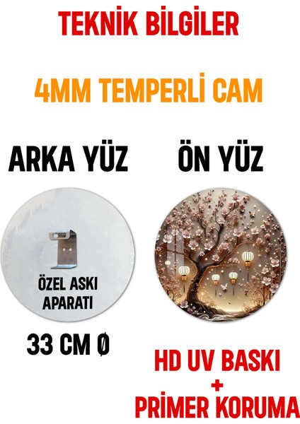 3D Görünümlü Temperli Cam Tablo – Fenerli Sakura Ağacı Temalı Duvar Süsü Uv Baskı 33X33 CM-CDS148