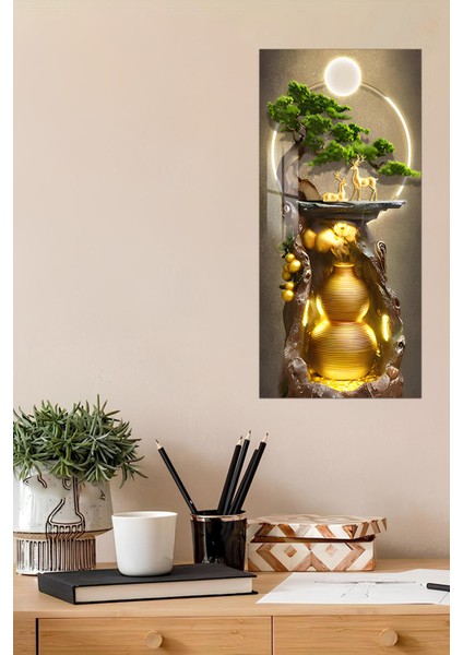 3D Görünümlü Temperli Cam Tablo – Geyik ve Altın Vazo Kompozisyonu Uv Baskı 30X60 cm - DCT101