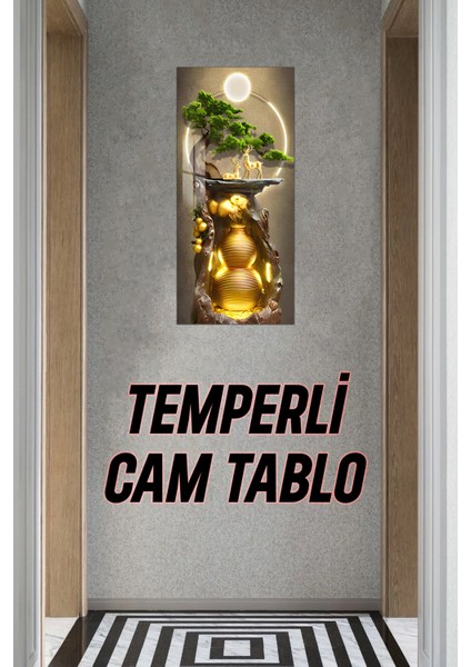 3D Görünümlü Temperli Cam Tablo – Geyik ve Altın Vazo Kompozisyonu Uv Baskı 30X60 cm - DCT101